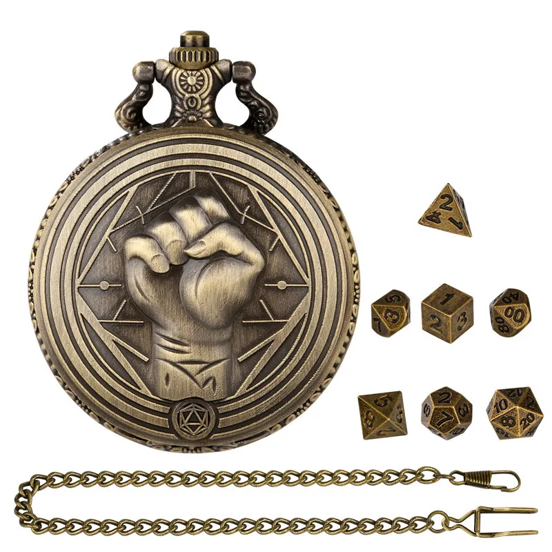 

Bronze Fist Pattern Pocket Watch Case FOB Pendant Chain 7 X Metal Polyhedral Dice Set Table Role Play Gaming Accessory Dices