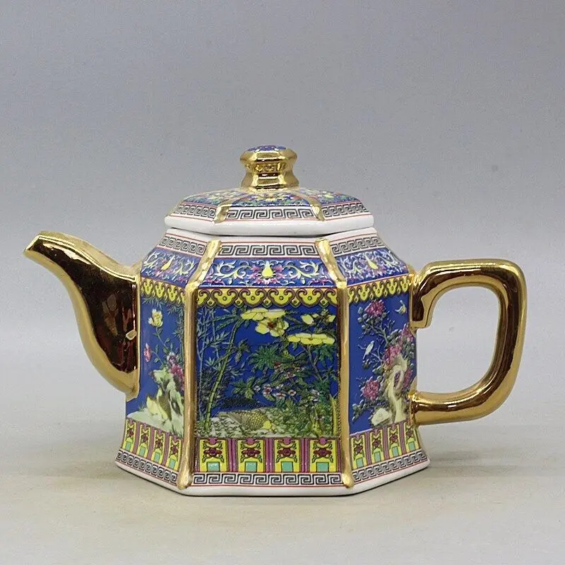 

6.5" Chinese Qing Colour Enamels Porcelain Gild Crane Flower Six Sides Teapot