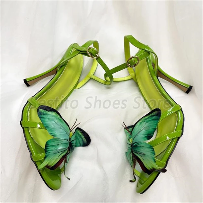 Summer New Green Butterfly Sandały dla kobiet Sexy Open Toe Ankle Strap High Heels Fashion Party Wedding Dress Shoes Stilettos