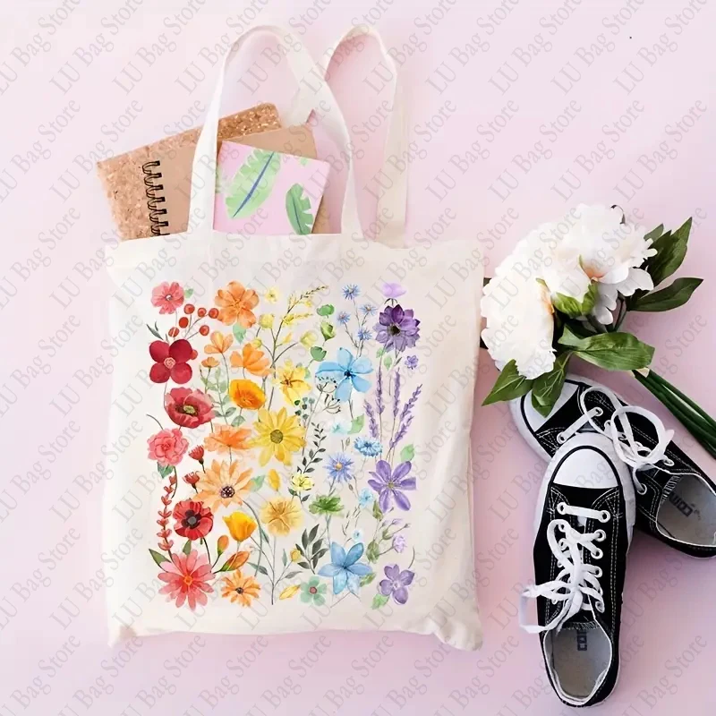 Wildflower LGBTQ Tote Bag White Canvas Shoulder Bags Gay Pride Gift Bags Lesbian Shopper LGBT Lesbian Shopping Bag