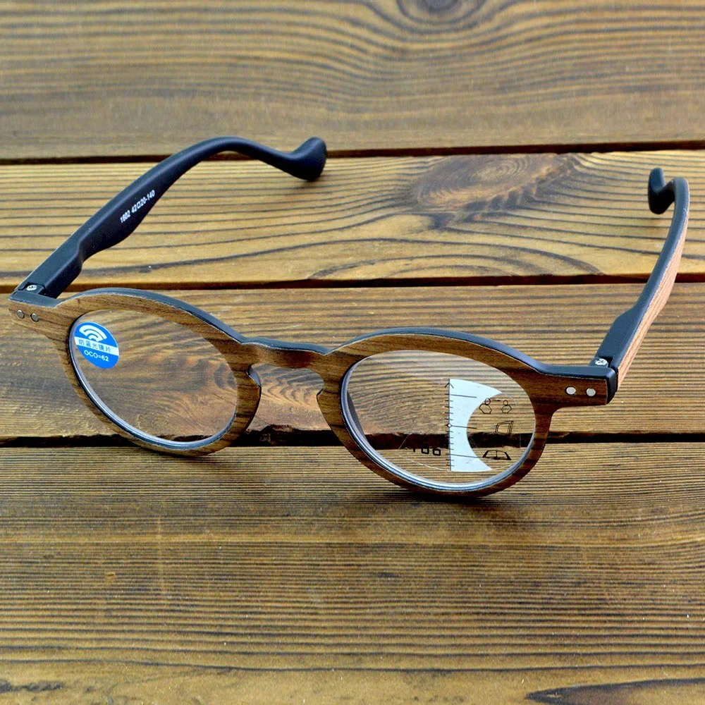 木製フレーム累進メガネ男性用クラシックラウンドデザインアンチグレアオールインワンビジョンソリューション老眼鏡男性と女性用