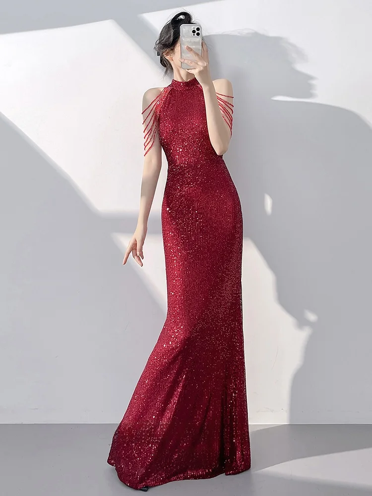 

Ele Long Evening Gown Women's 2025 New Summer oulder Tassel Wedding Dr Red Sequin Floor Length Dr for Engagement ...