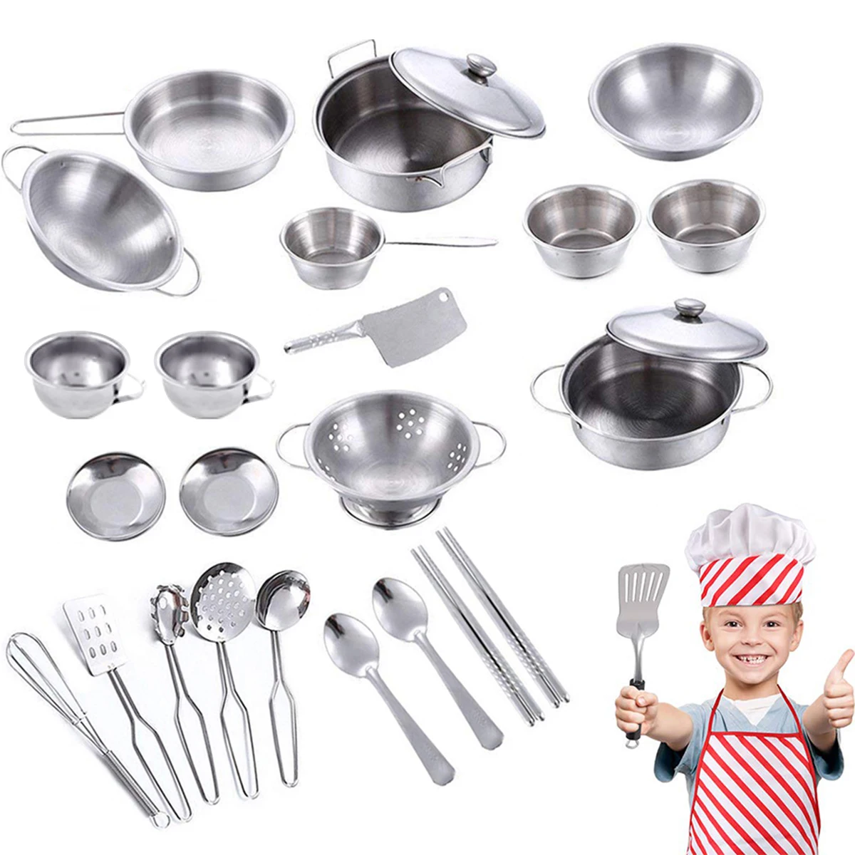 

25Pcs Pretend Kitchen Cookware Set Stainless Steel Mini Children Cooking Utensils Set for Home Camping Kids Toddlers Childrens
