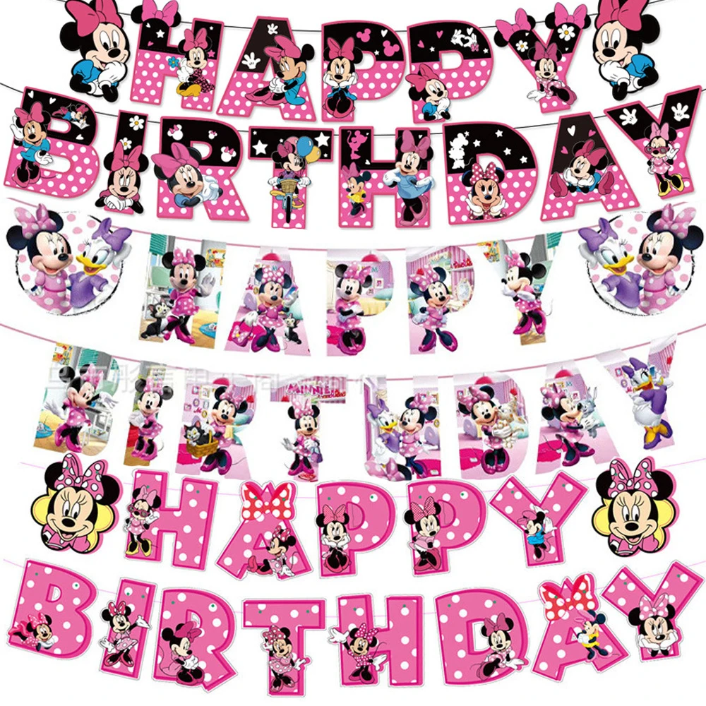 1Set/lot Minnie Mouse Theme Bunting Happy Birthday Flags Decorations Girls Kids Favors Hanging Banner Party Supplies