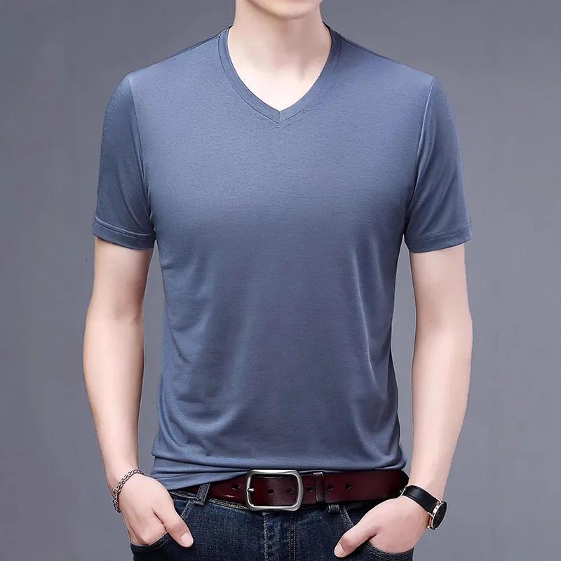

GELITAYIN Luxury Men's V-Neck T-Shirt Solid Color Casual Summer Base Layer Tee Short Sleeve Man Breathable Skin Friendly T-Shir
