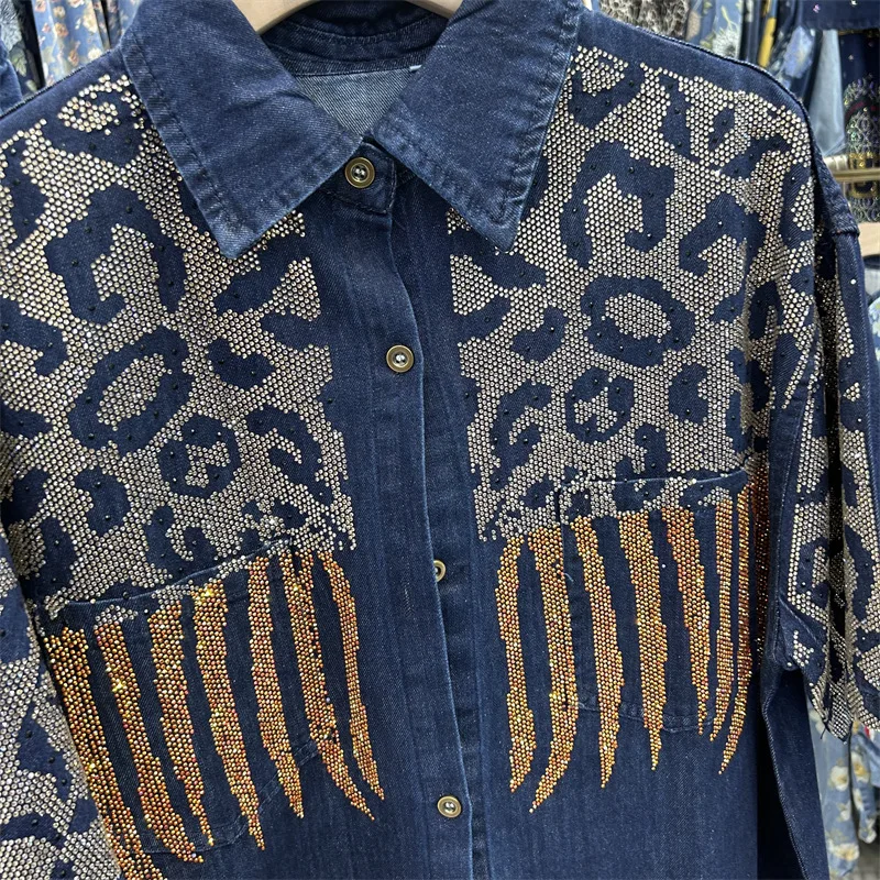 Fashion Spring Summer Women Two-piece Set Hot Diamonds Leopard Short Sleeve Denim Cardigans Top + Elastic Waist Wide Leg Jeans view 2