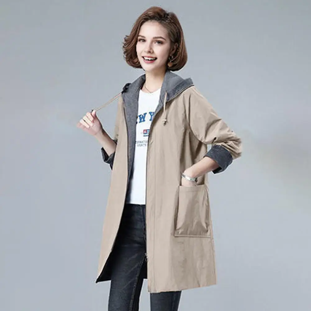 Long Sleeve Cardigan Jacket Women's Plus Size Hooded Windbreaker Jacket with Drawstring Zipper Closure Big Pockets for Spring