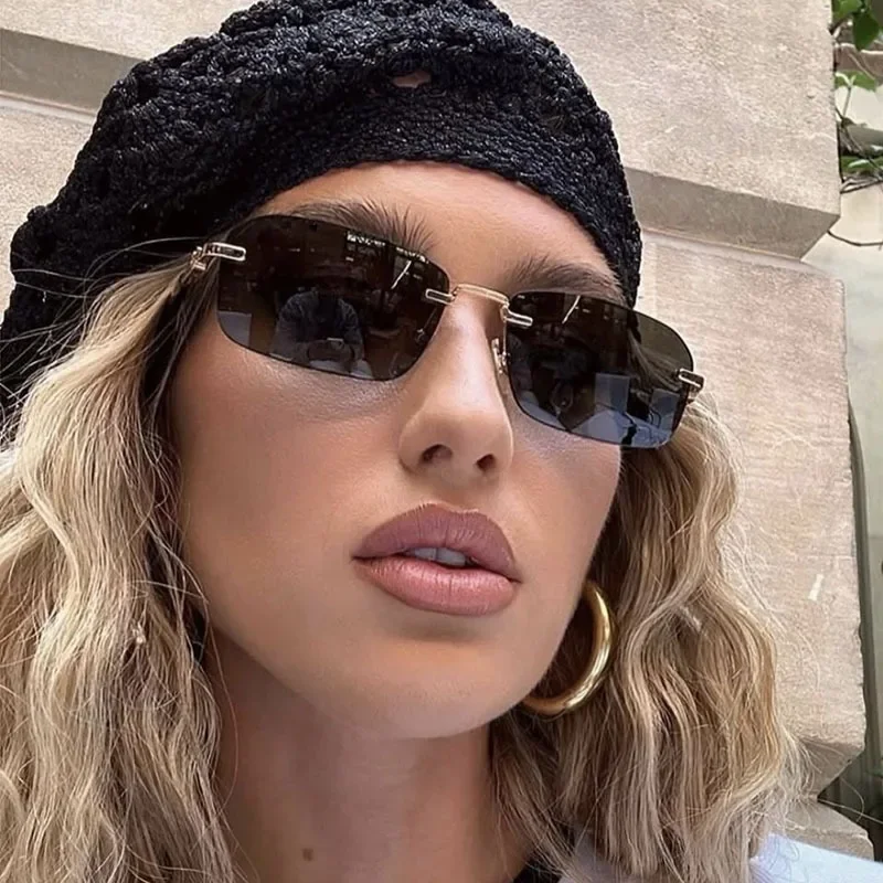 

Retro Rimless Square Women Sunglasses Luxury Brand Designer Frameless Sun Glasses Punk Metal Rivet Grain Leg Sunglasses UV400