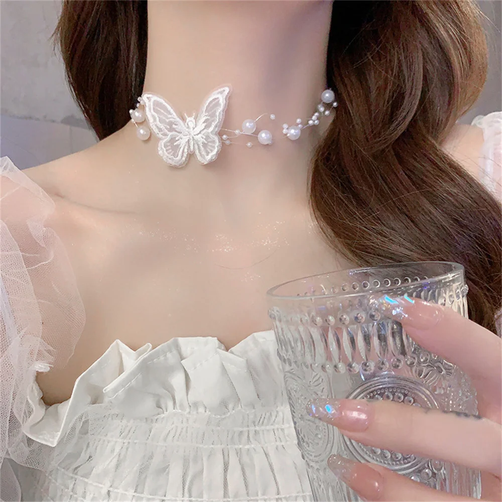 Einfache Imitation Perle Angelschnur Chokerins Stil Stoff Schmetterling Schlüsselbein Kette Halskette für Frauen eleganten Schmuck