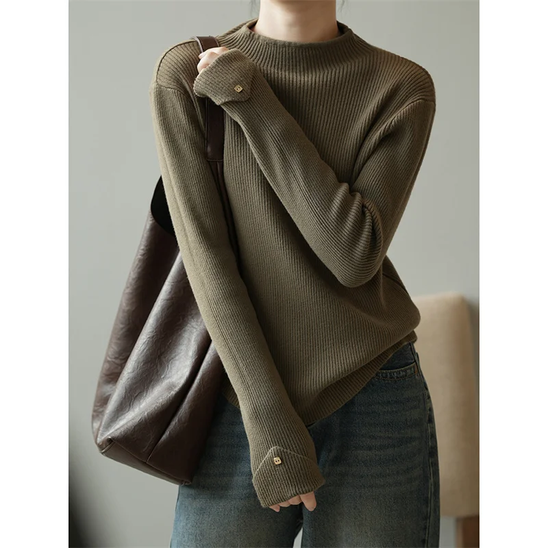 

Half High Necked Knitted Sweater For Women In Autumn Winter New Cuffs Design For a Sense Of Temperament Slim Fit Base Shirt C117