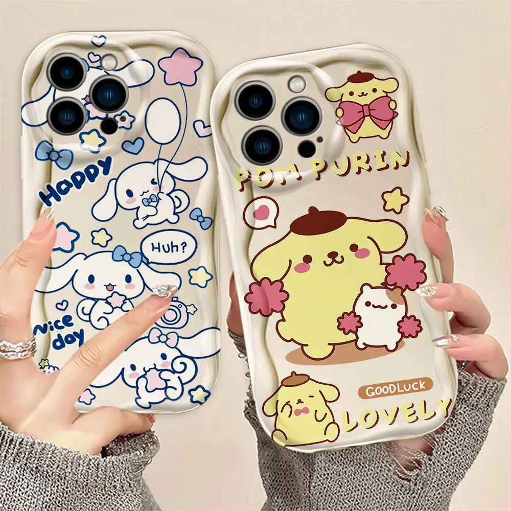 Cute Cinnamoroll Pom Pom Purin 3D Wave Phone Case For Iphone Apple 15 14 13 12 Mini 11 X XS XR 8 7 SE 6 6S Pro Max Case Funda