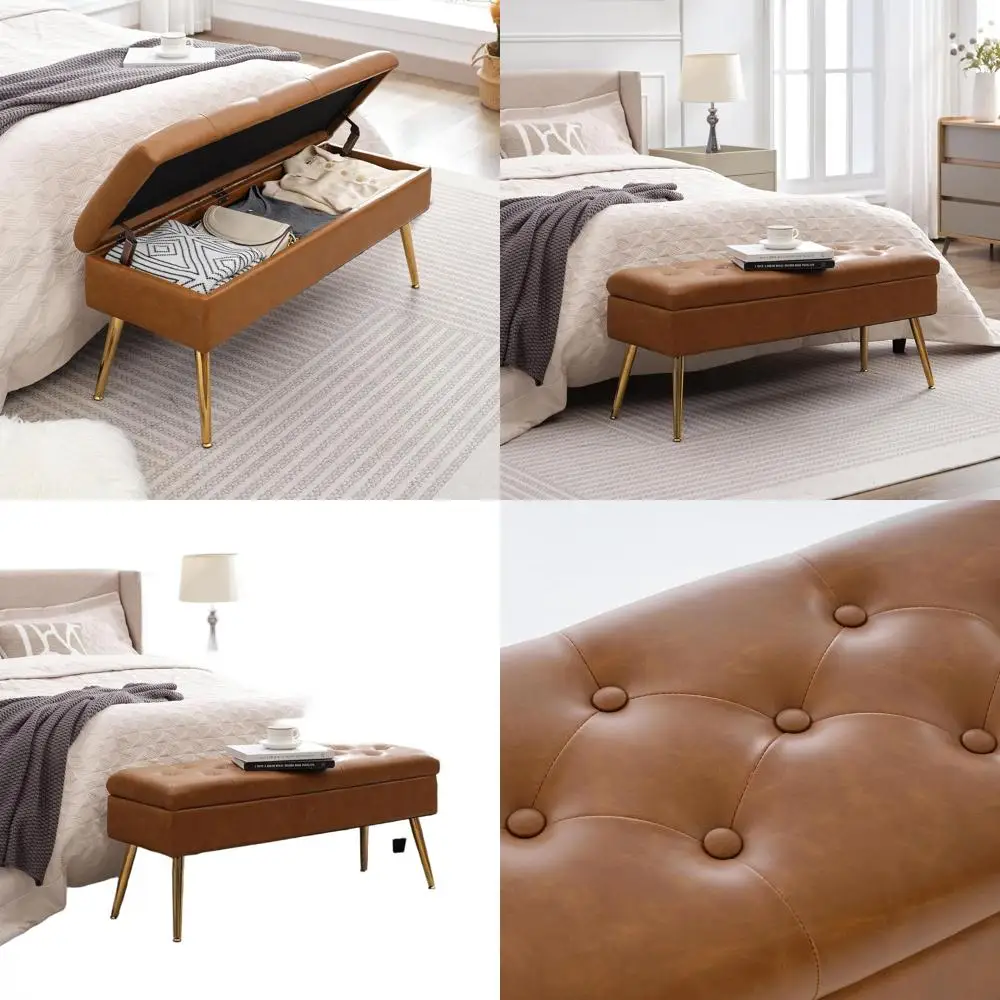 

40 современных пуфиков для хранения из искусственной кожи с золотыми ножками, коричневого цвета масляного воска, идеально подходит для прихожей или спальни