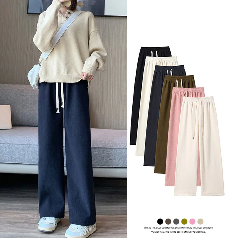 Women Wide Leg Corduroy Pants Autumn Winter Women Basic Elastic Waist Stright Long Pants Casual Female Long Pants Trousers