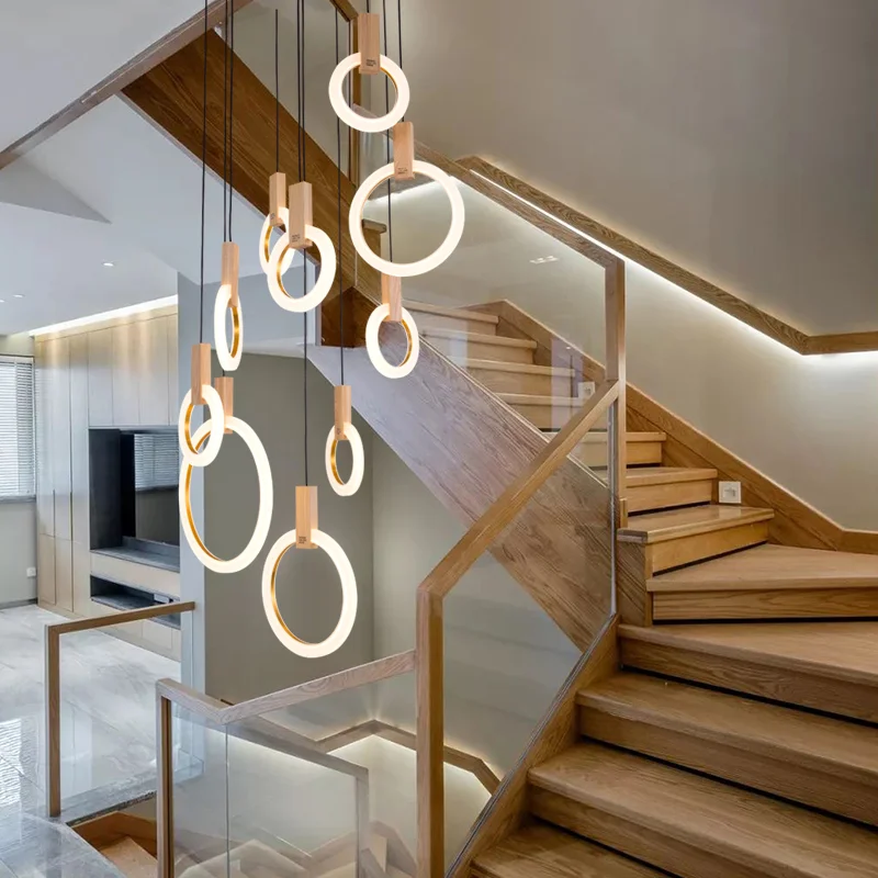 Modern LED chandelier Nordic living room ring hanging lights bedroom fixtures stair lighting home illumination long pendant lamp