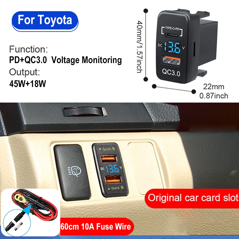 12V-24V Adapter gniazda ładowarki samochodowej Podwójne porty USB Gniazdo szybkiej ładowarki z wyświetlaczem napięcia dla Toyota Auto Akcesoria 40X22mm
