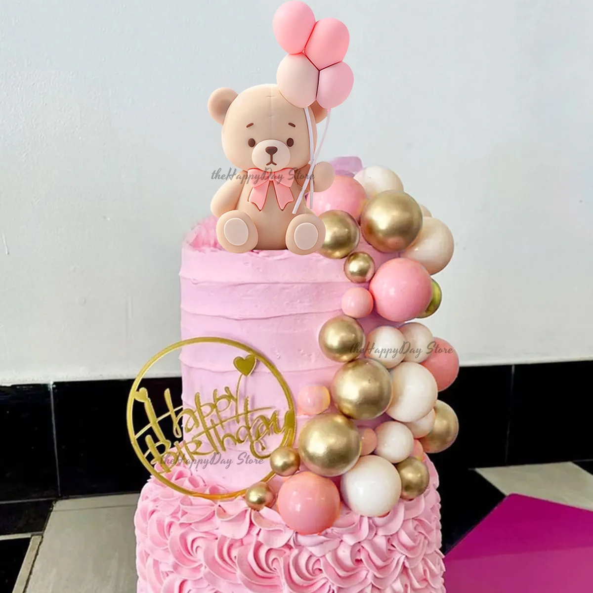 1 Set Rosa Bären-Kuchendekoration 3D Bär Rosa Creme Goldene Kugeln Kuchenaufsätze Bär Boho Geburtstag Babyparty Hochzeit Kuchendeko – Detail 40