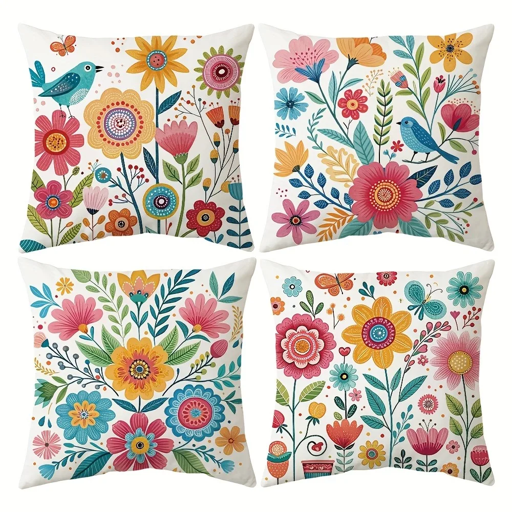 Colorful Floral - Bird Cheerful Pillow CoversLiving room sofa cushion cover, soft and comfortable, bedroom room decoration