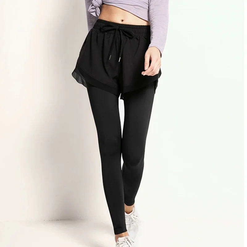 Sportowe spodnie do jogi damskie imitujące dwuczęściowy strój, elastyczne legginsy z wysokim stanem na wiosnę i jesień, spodnie do jogi z wysokim zawartością spandexu dla kobiet.