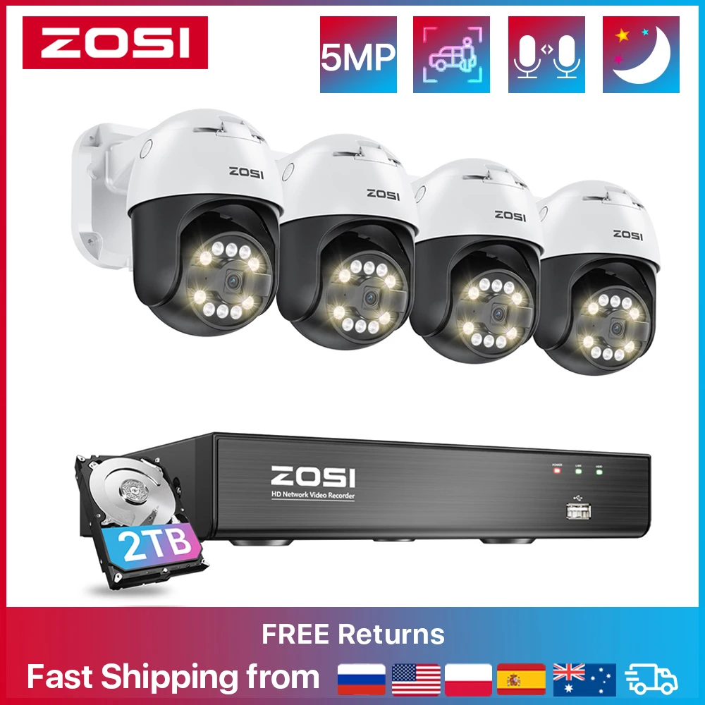 

ZOSI 5MP PTZ POE камера Система AI Обнаружение человека 4K 8CH Расширение 16CH NVR CCTV Set Комплект наружного видеонаблюдения