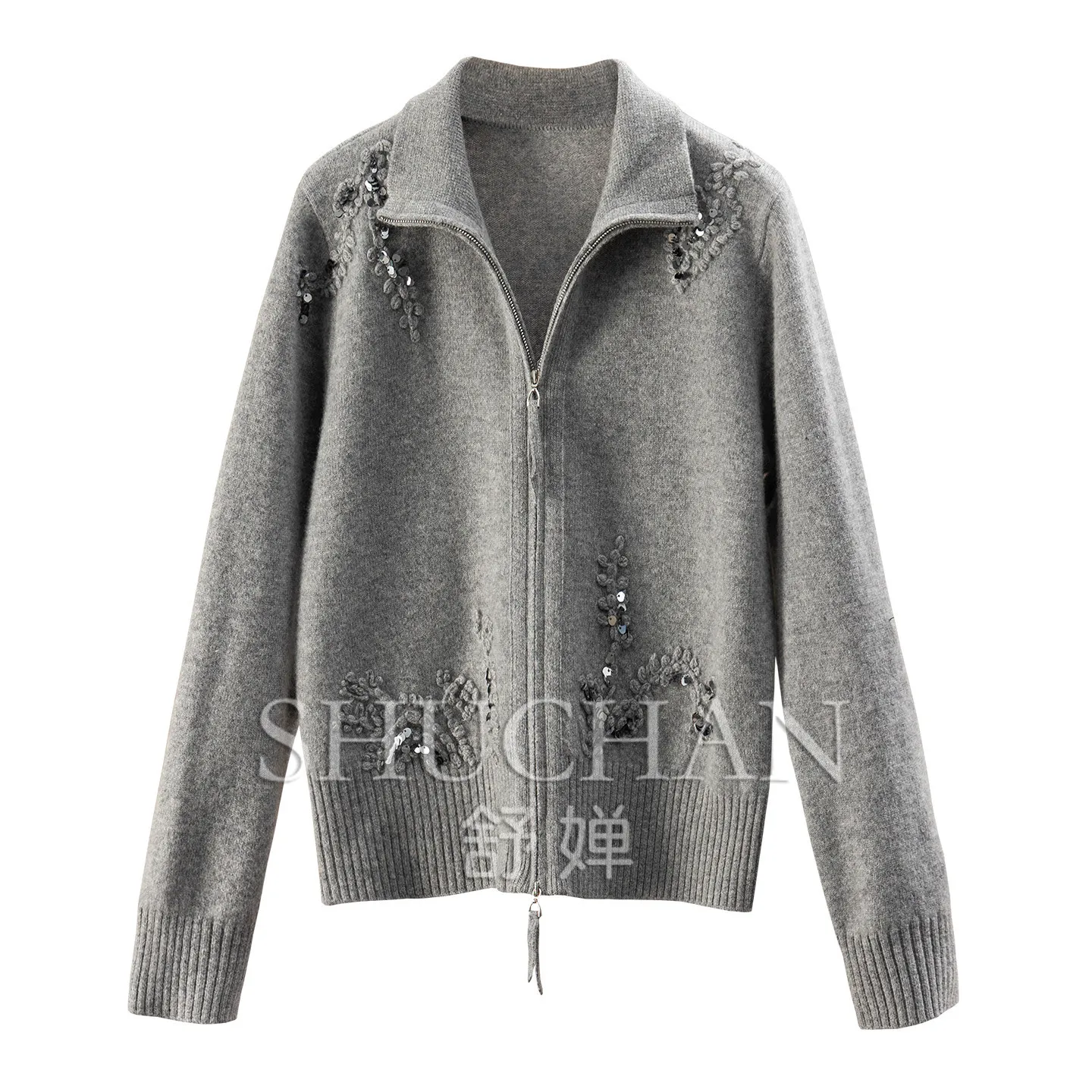 Light Luxury Lazy Penny Grade Grey High Neck Long Sleeve Wool Cashmere Sweater Cardigan Women 22X6