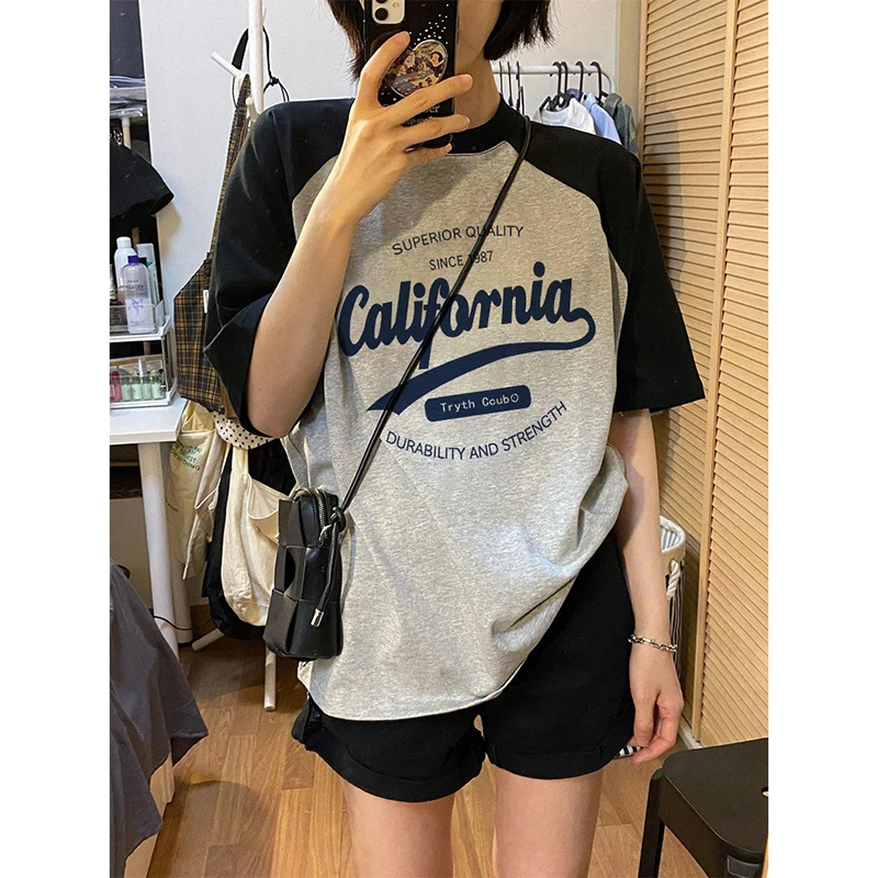 Women's Short Sleeve T-Shirt Summer Loose Fit Shoulder Insertion American Retro Large Size Slimming Design Unique Top Cotton