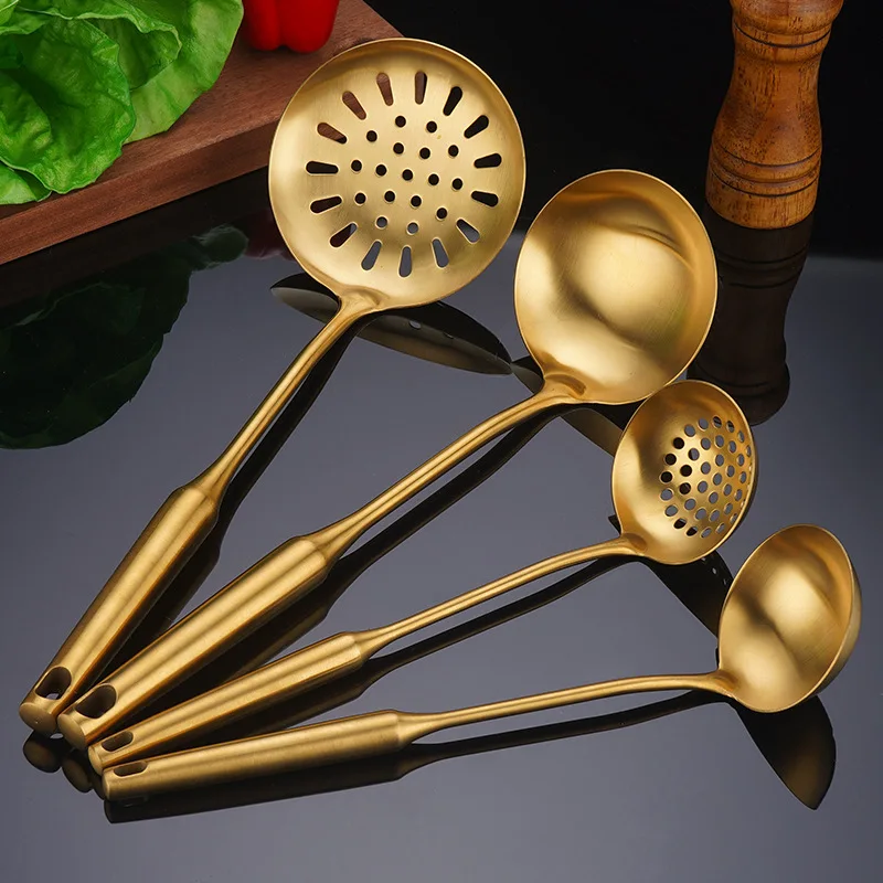 Golden Stainless Steel Long Handle Soup Rice Spoon Colander Spatula Thicken Durable Kitchen Cooking Utensils