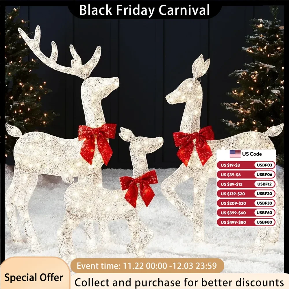 4-foot 3-piece Set of 2D Luminous Christmas Deer, Outdoor Reindeer Decoration, 175 LED Lights, Wooden Stakes, Zippers - White