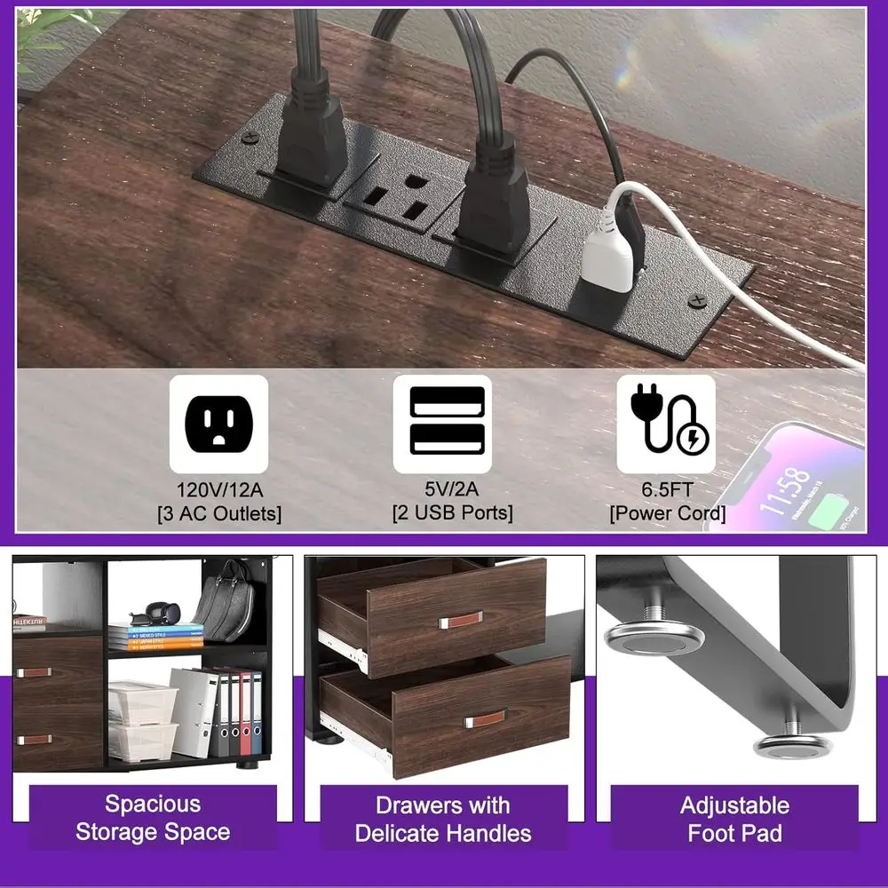 55 Reversible L-Shaped Desk with LED Light, Cabinet, and Storage for Large Computers
