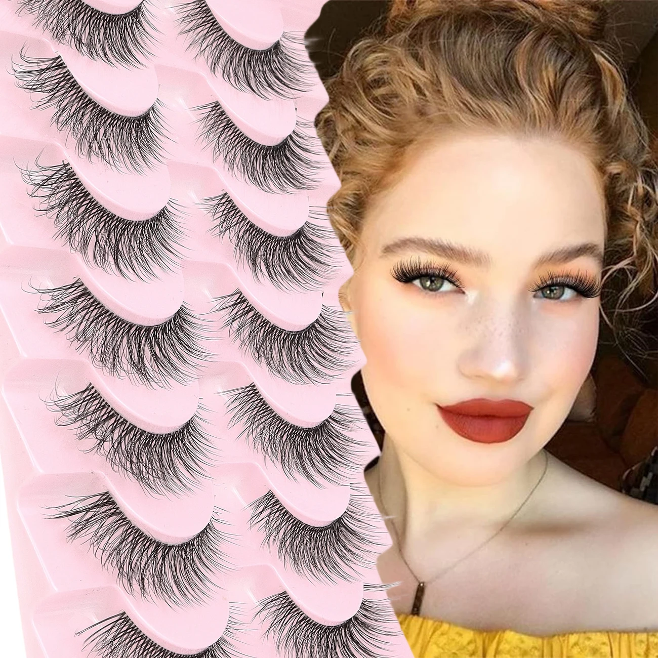 7-Pair Natural False Eyelash Transparent Stem Cross Style Lightweight Manga False Eyelash