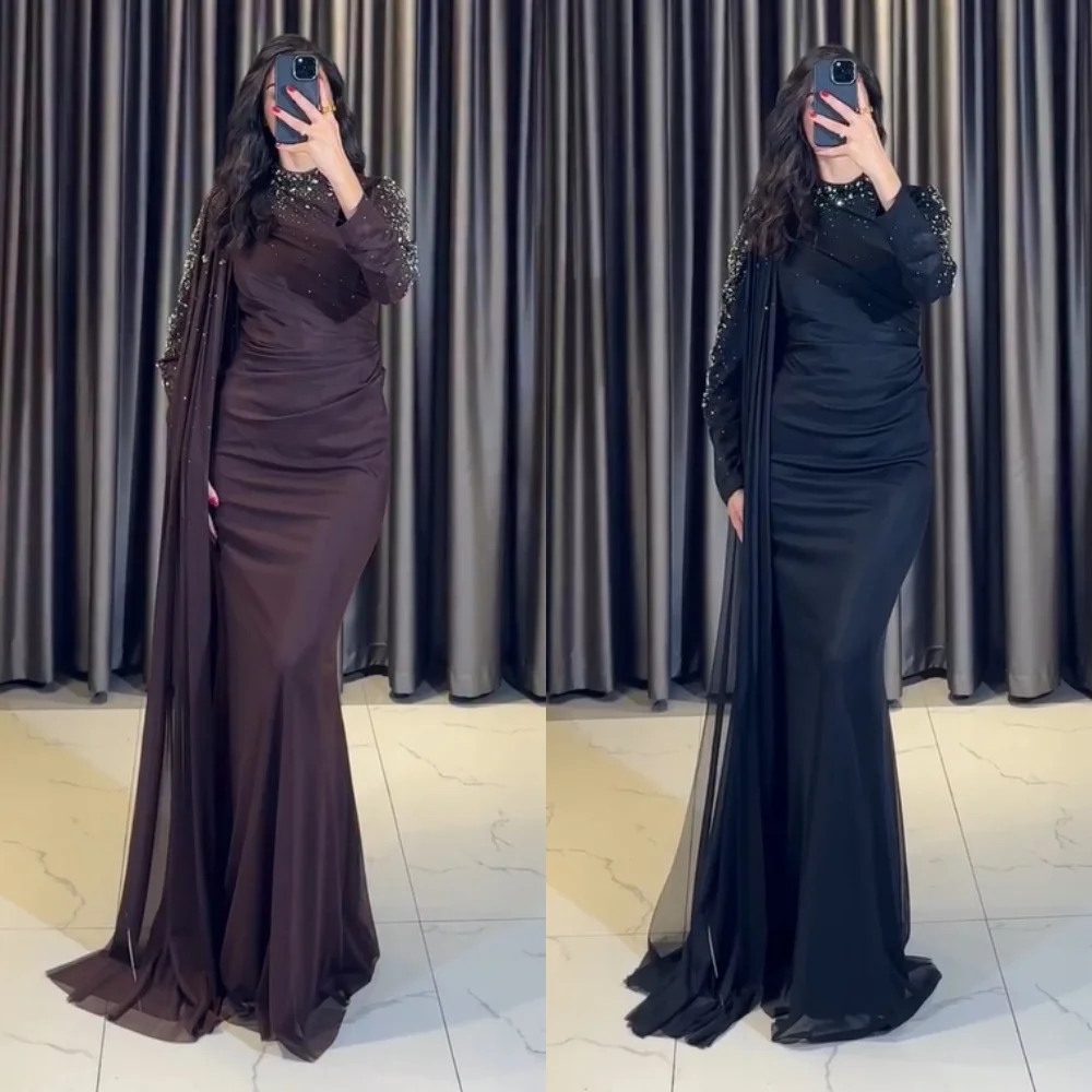 

Customized High Quality Chiffon Sequined Pleat Trumpet Scoop Neck Long Dresses Bespoke Occasion Exquisite Elegant