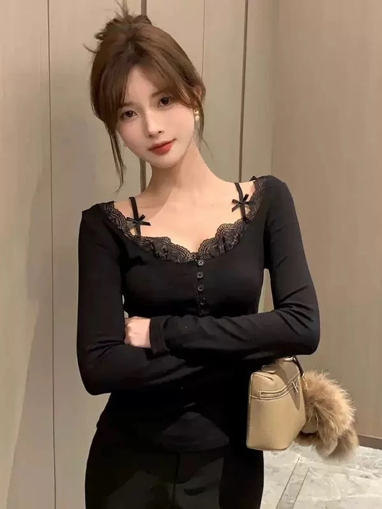 Y2K Women Slim Fit Long Sleeve Blouse Lace Edge V Neck Double Bow Spaghetti Strap Design Button Front Casual Basic Top