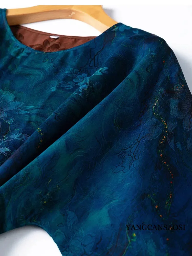 여성 가을 의류 블루 프린트 100% 천연 뽕나무 실크 갬비어드 광둥 거즈 배트윙 슬리브 출퇴근용 드레스