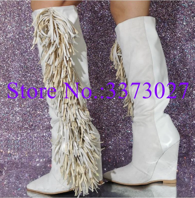 Wedges Heel Woman Long Boots Suede Lather Patch Work Boot Side Fringe Pendant Tassel Decor Autumn Winter Fashion Female Shoes