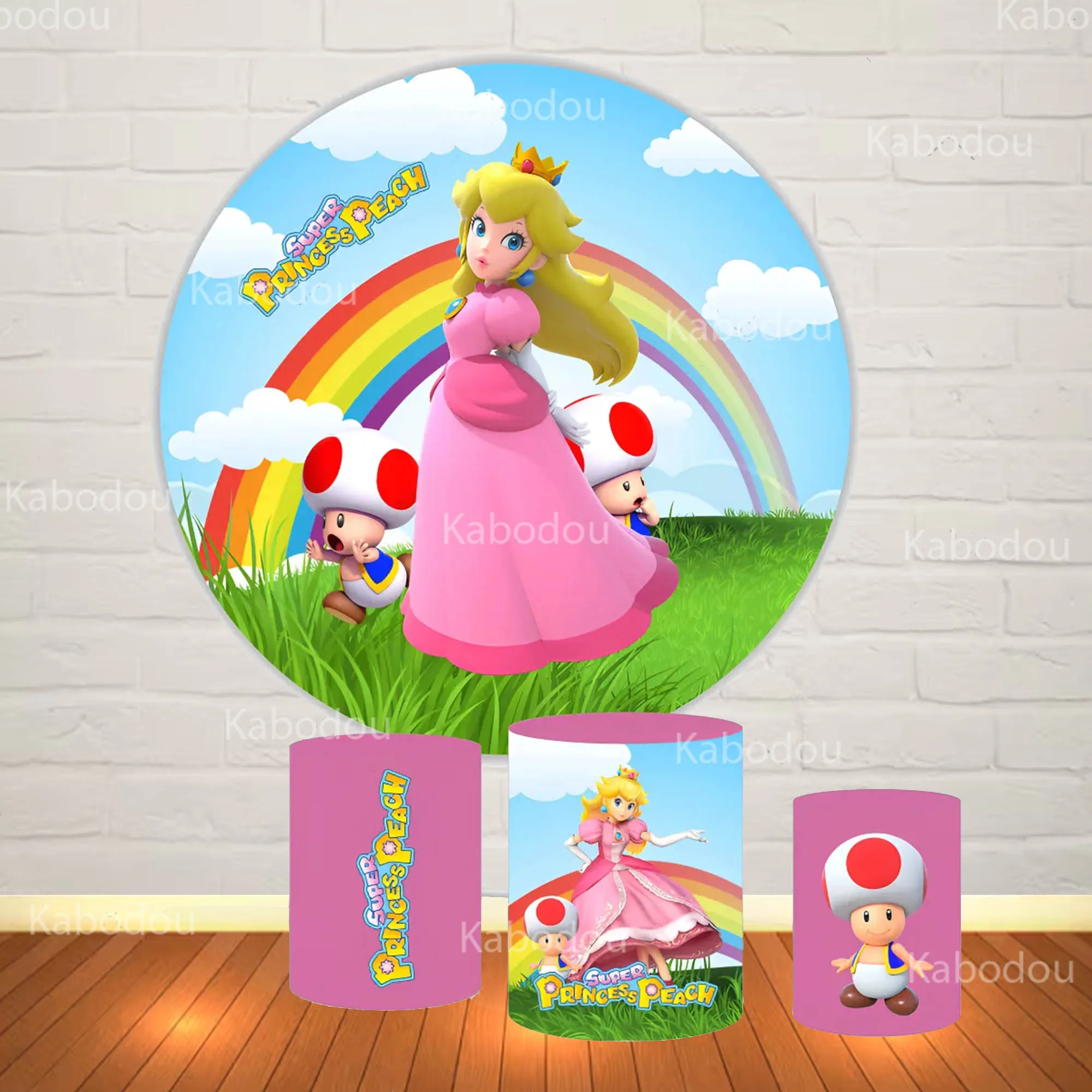 

Princess Peach Marios Theme Round Backdrop Baby Birthday Party Baby Shower Photography Background Decor Cylinder Cover Booth