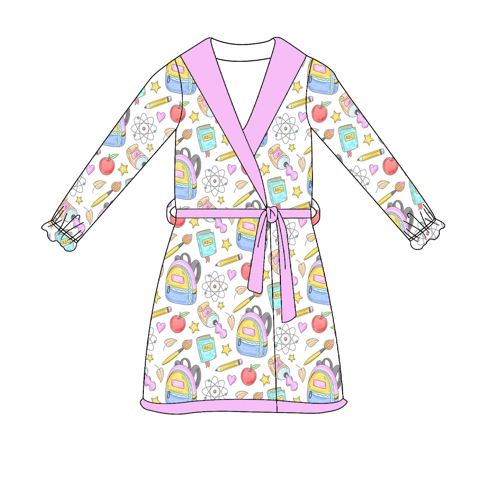 Hot sale kid's robe and set lapel ruffled short sleeve dress and shorts Bow accent buttons love pocket back to school print