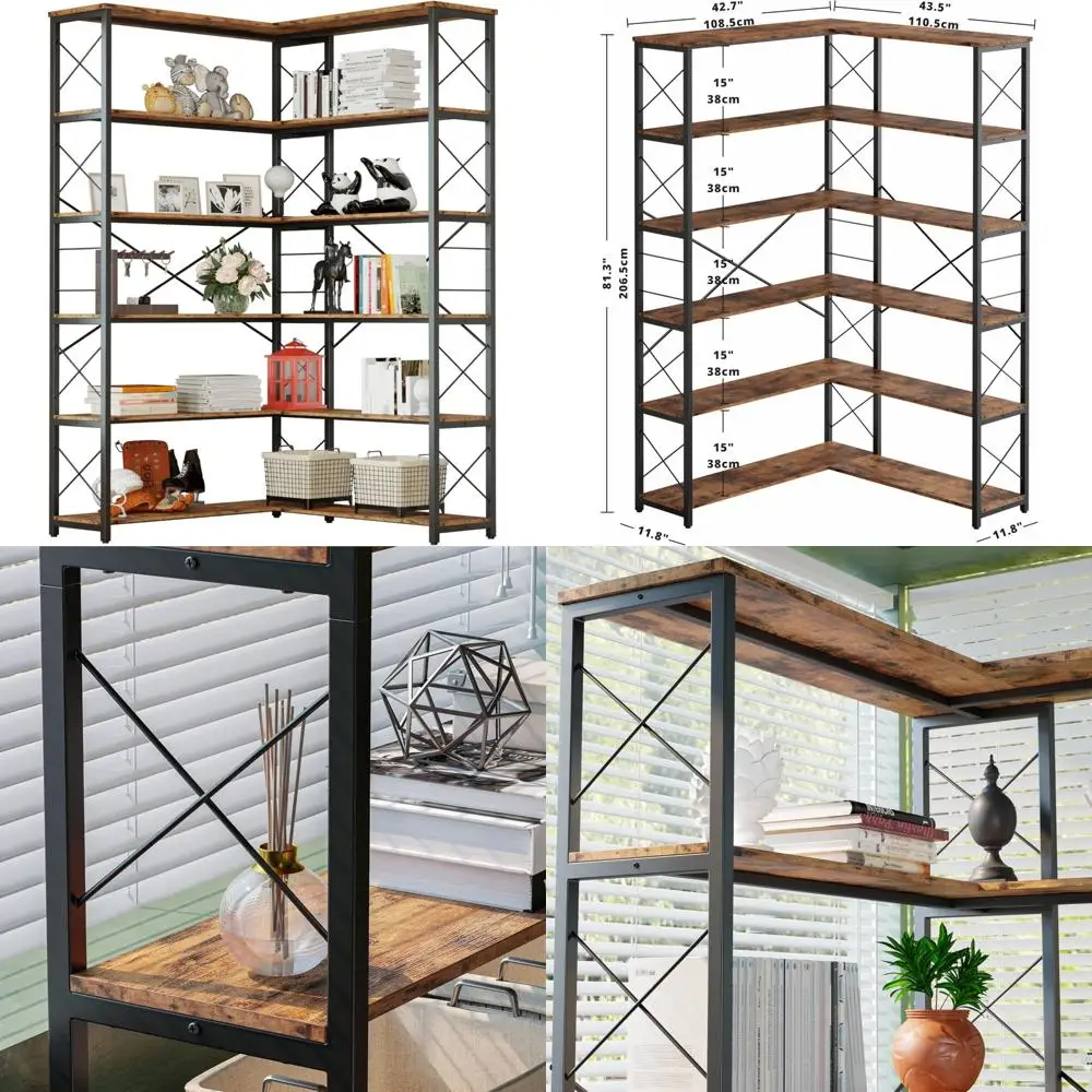 Vintage Industrial Style 6-Tier Corner Bookshelf, Metal Framed Storage Rack