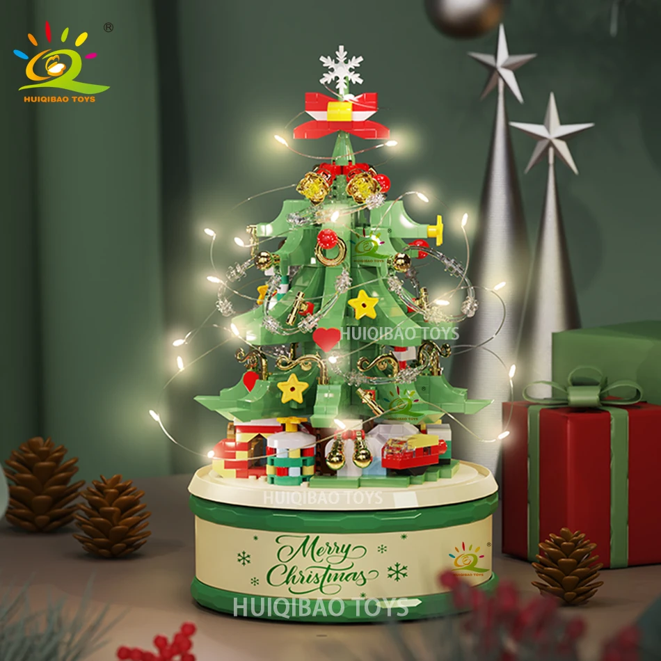 HUIQIBAO enfants arbre de noël père noël Mini boîte à musique modèle Micro briques bloc de construction briques à monter soi-même jouets pour cadeau adulte