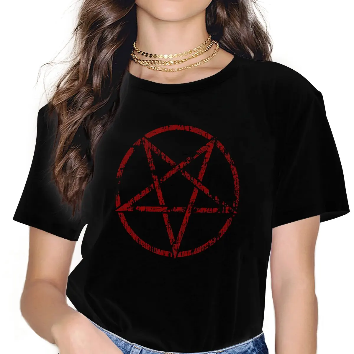 

Worn Pentagram Women Clothes Satanic Goat T-shirt Kawaii Vintage Female Clothing