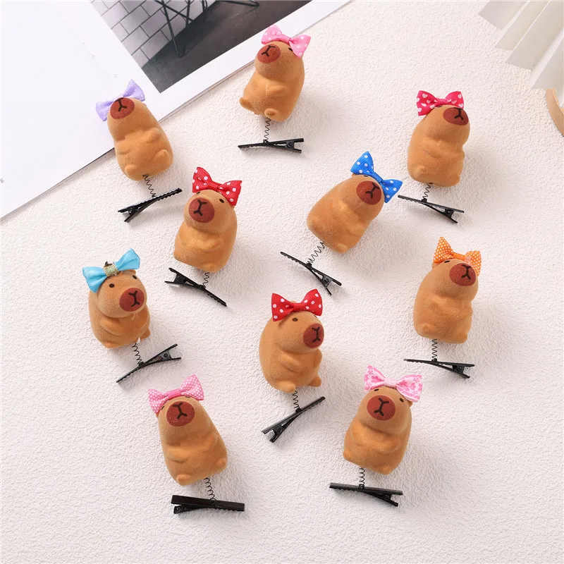 10pcs Set Cartoon Funny Kapibala Bow Colored Hat Plush Hairpin Animal Lovely Capybara Hair Clip Accessories Headwear Gifts