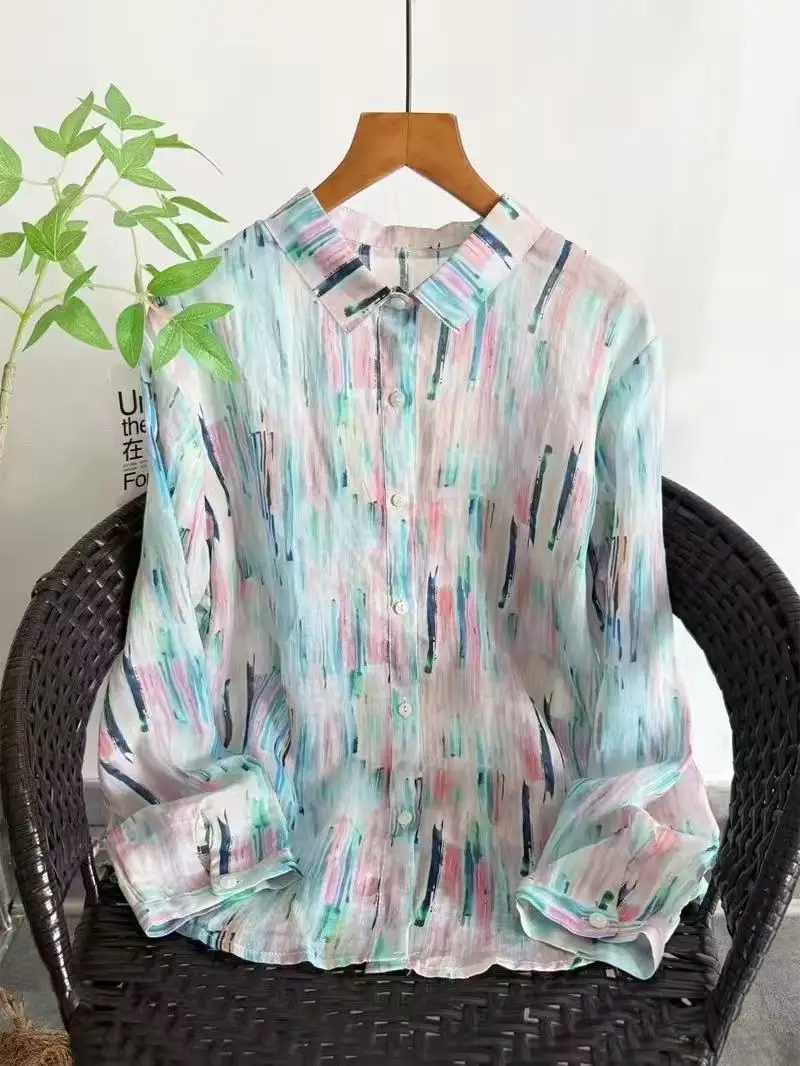 

2026 Ladies shirts and blouses 100% ramie linen shirts Chinese style vintage colorful striped painting blouses long sleeve tops