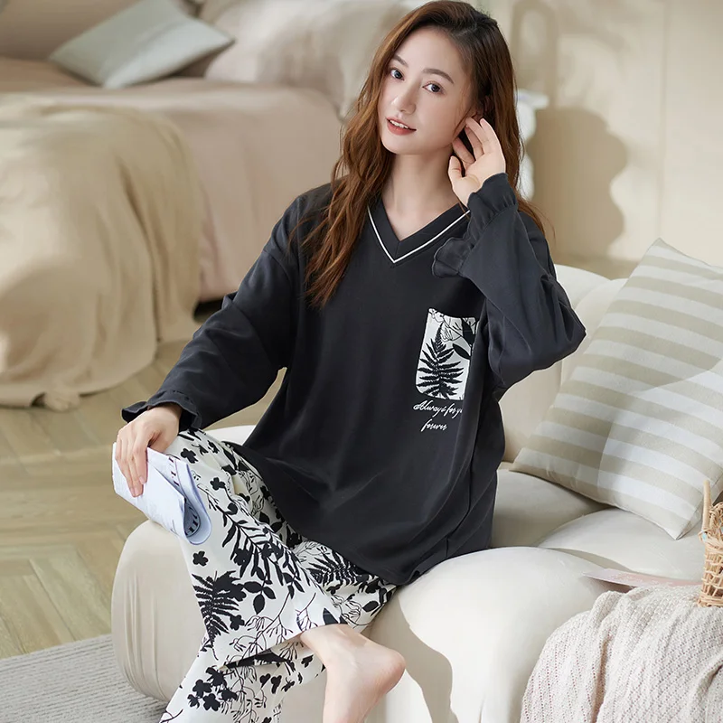 Black Leaf Women Pajama Set Cute Sleepwear Long Sleeves Long Pants Autumn Winter Cozy Pyjamas Soft Pijamas Cotton Nightshirt Pjs