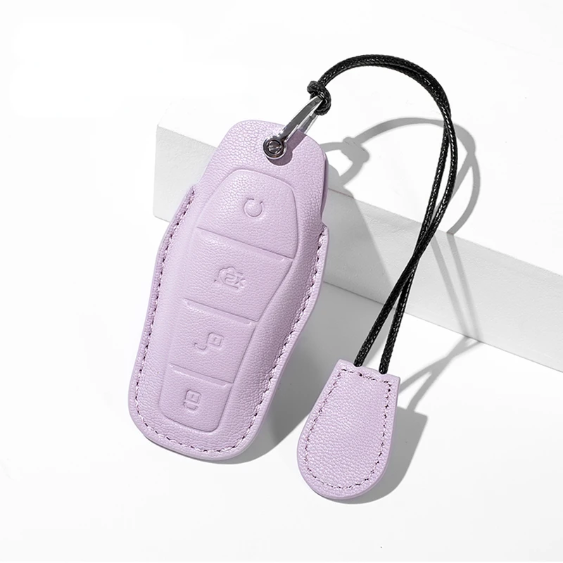 Suitable For BYD ATTO3  SEAL Han Tang DMI EV  Off White + Taro Purple  Goat Skin Leather Car Remote Key Case Cover