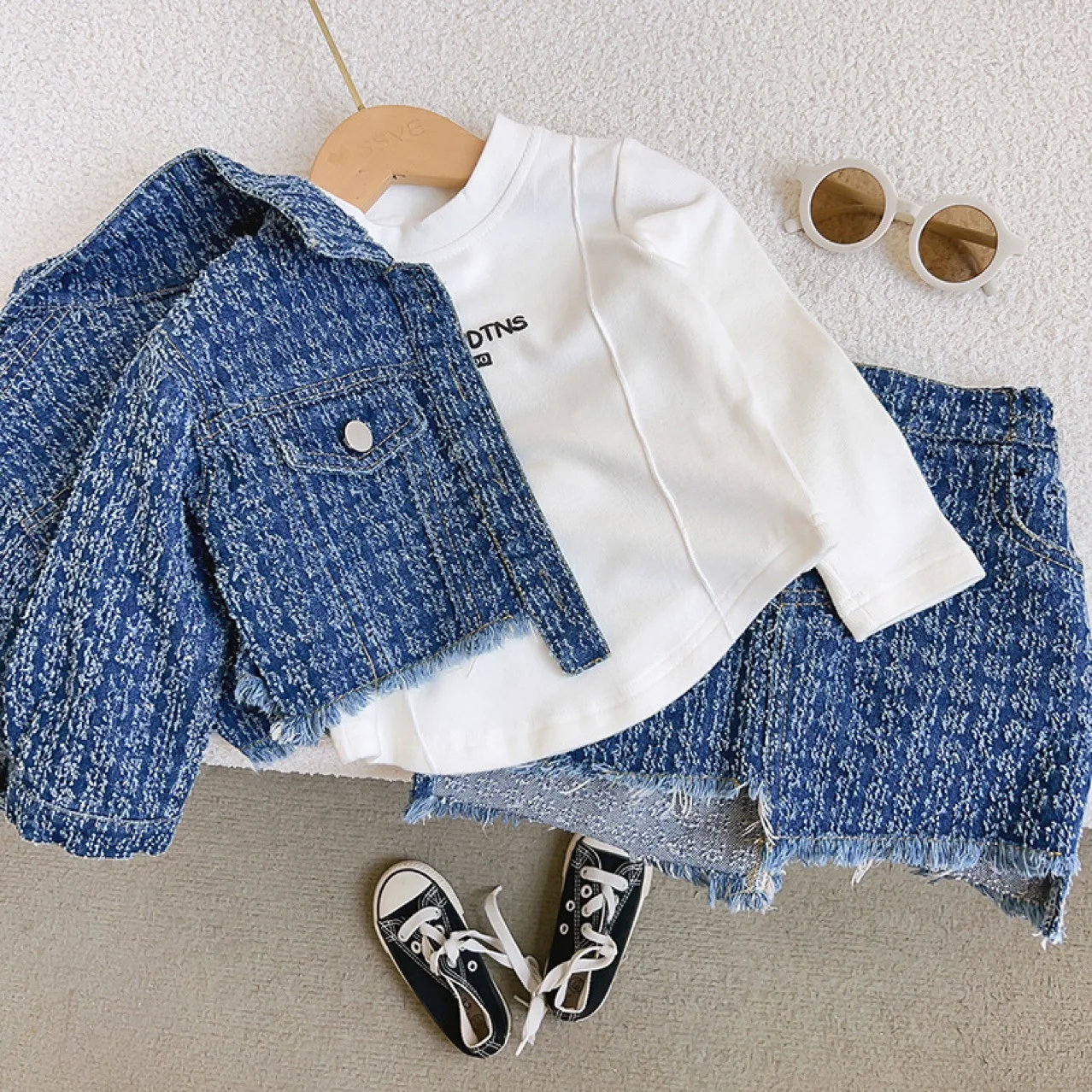 Kids Boutique Clothing New Autumn 2 Pieces Sets Girls Tops Jeans Coat Turn Down Collar Short All-match Fashion Preppy Style