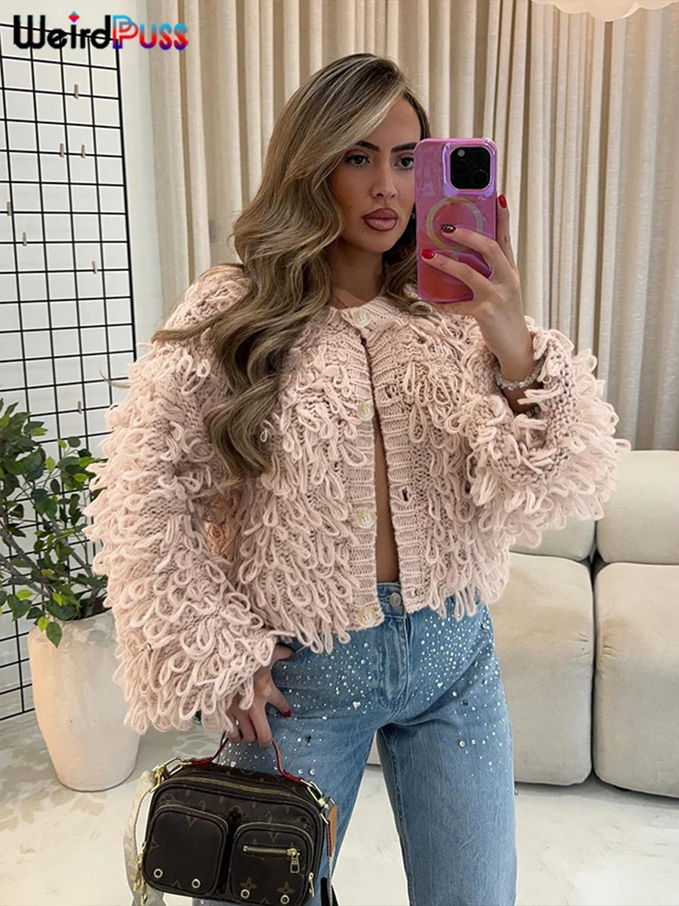 Weird Puss Chic Thread Knitted Sweater Women 2024 Winter Fashion o-Neck Single-Breasted Casual Elegant Simple Street Outerwear