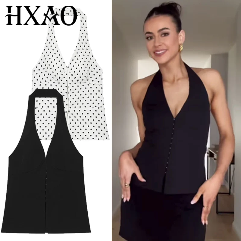 HXAO Casual Crop Halter Vest Women's Vests Summer 2026 Black Brown Off Shoulder Backless Top Chic Polka Dot Sleeveless Waistcoat
