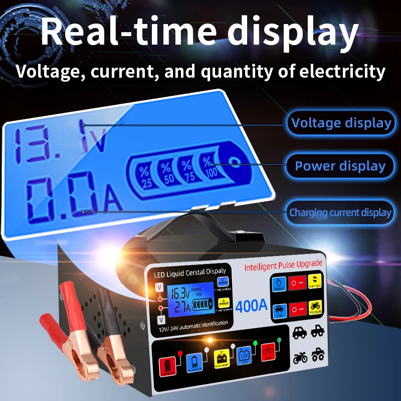 شاحن بطارية السيارة 400 أمبير 12 فولت/24 فولت - شاحن سريع 220 وات مع إصلاح النبض والتوقف التلقائي |   قطبية عكسية آمنة لحمض الرصاص/AGM
