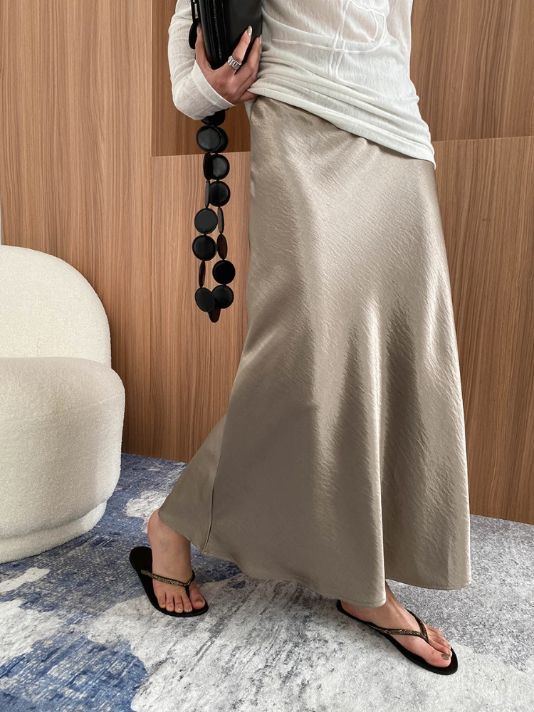 Spring Elegant Long Skirts for Women High Waist Satin A-Line Skirt Office Lady Vintage Solid Silk Women‘s Midi Skirt Clothing
