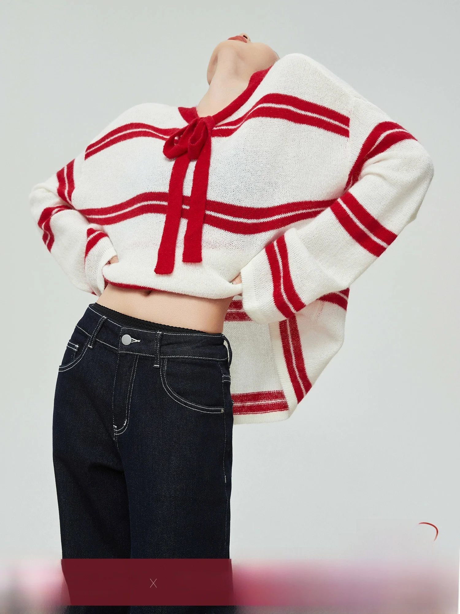 

Red And White Color Blo Long Sve Striped Knitwear Women's Loose Fit Korean Sle V-Ne Sweater Casual Faion Autumn Ne...