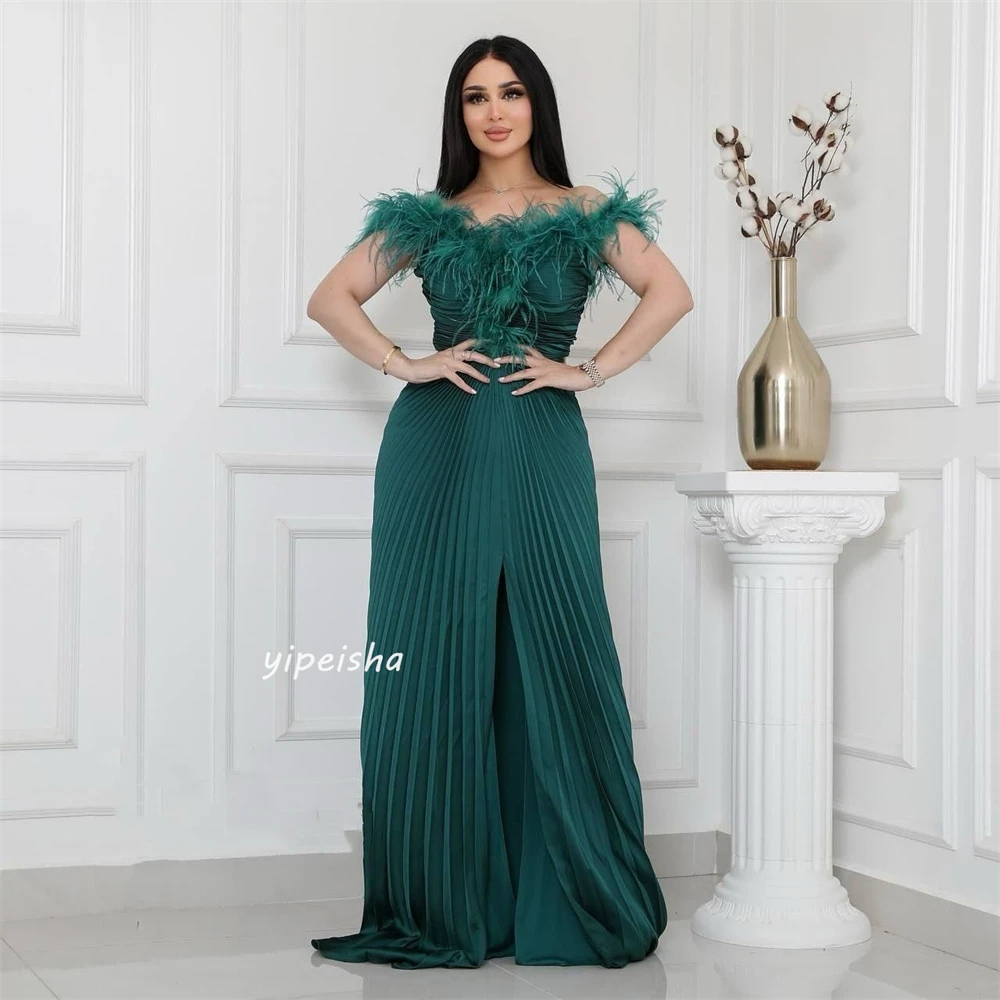 Customized Jersey Feather Draped Pleat Homecoming A-line Off-the-shoulder Bespoke Occasion Gown Long Dresses