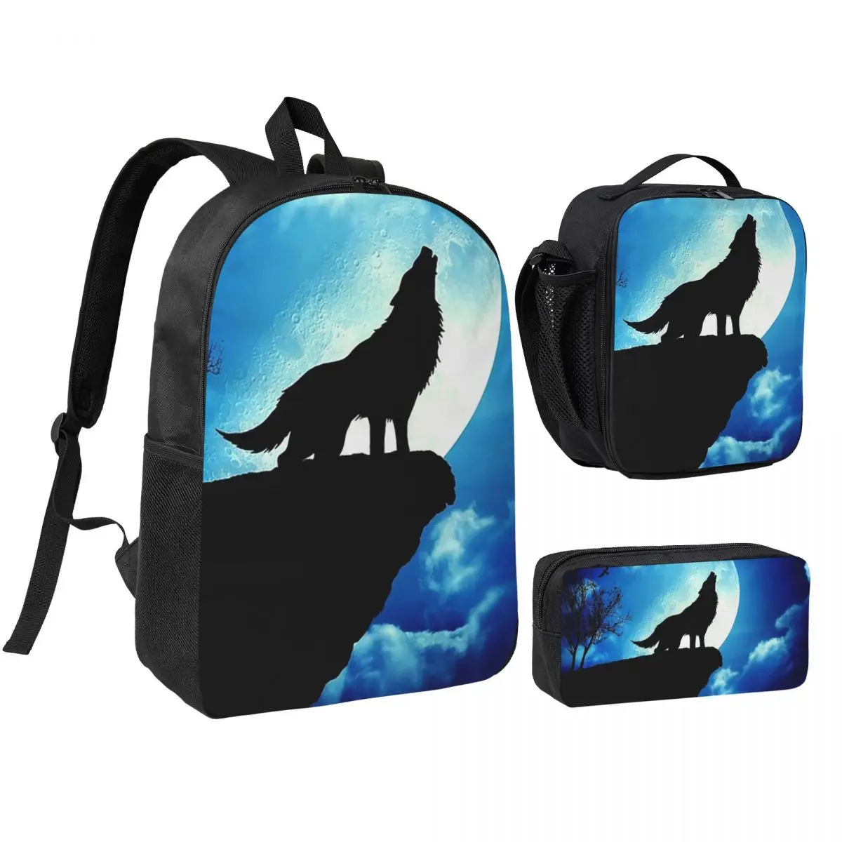 

Howling Wolf Backpack Boys Girls BookBag School Bag Shoulder Bags 3ps Insulated Lunch Bag Pencil Case